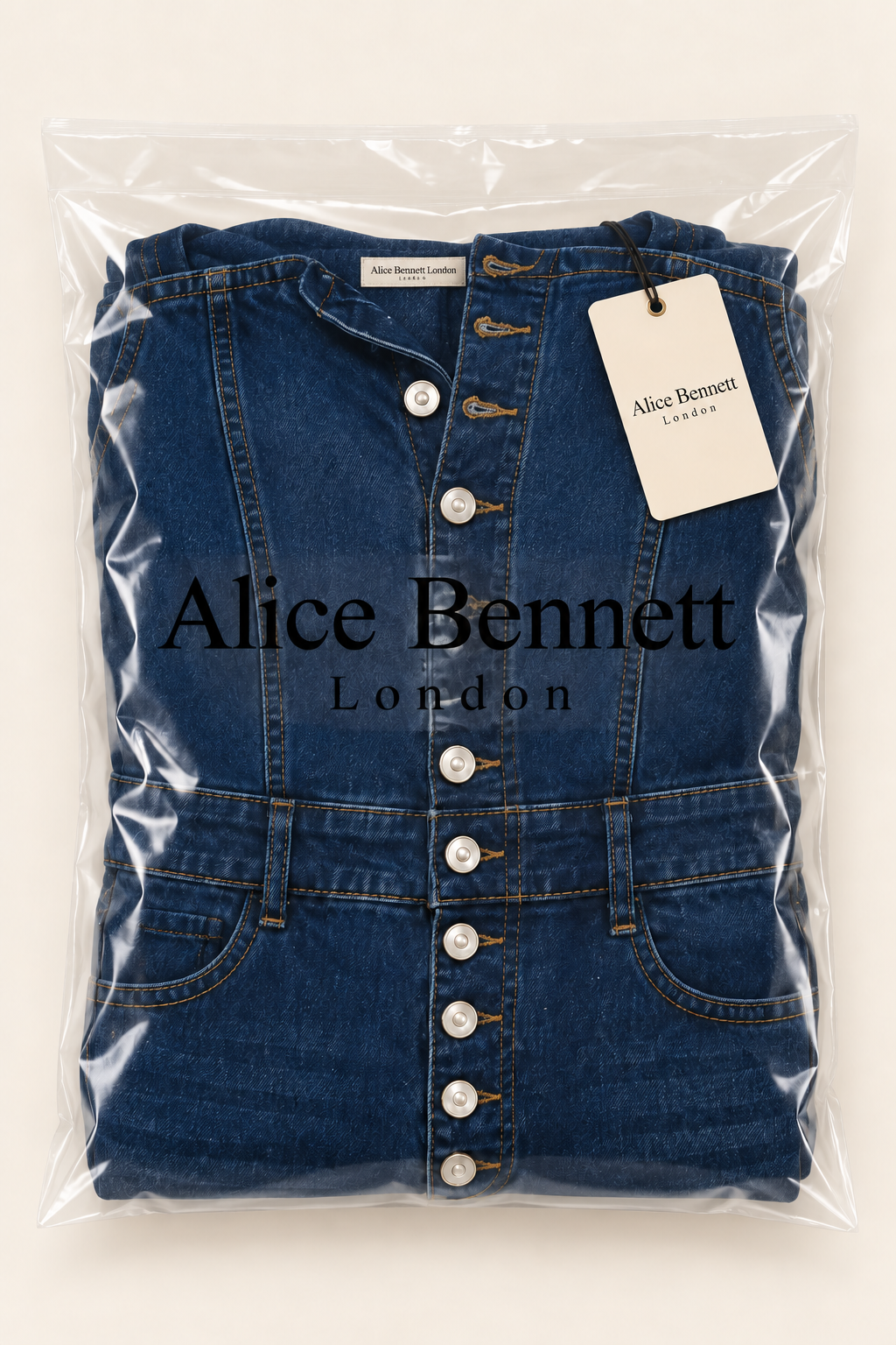 Luna denim jumpsuit in Alice Bennett London packaging with branded neck label