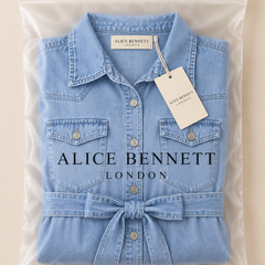 Luna denim dress in Alice Bennett London packaging