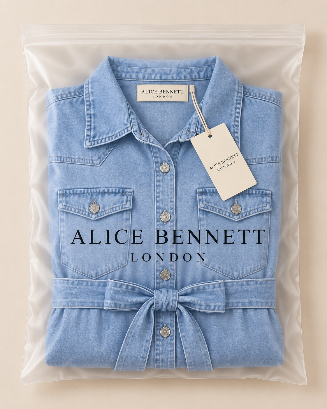 Luna denim dress in Alice Bennett London packaging