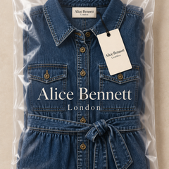 Madison dark blue belted denim maxi dress folded in Alice Bennett London branded packaging