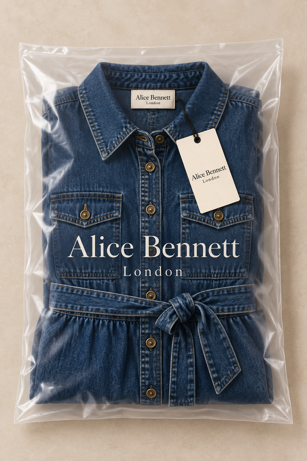 Madison dark blue belted denim maxi dress folded in Alice Bennett London branded packaging