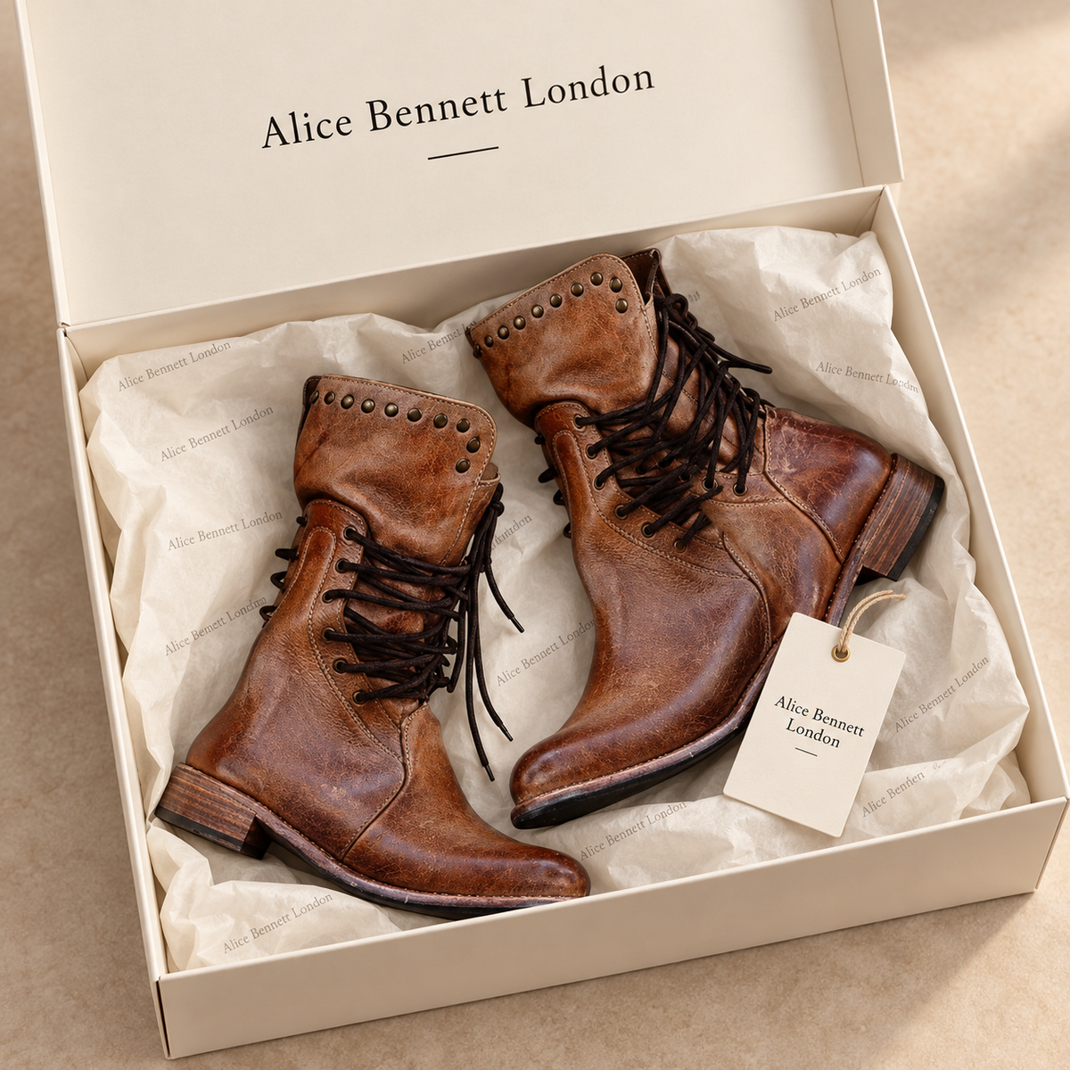 Mae Western Boots in an Alice Bennett London shoebox