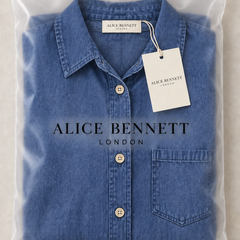Mandy dark blue button-front denim maxi dress in Alice Bennett London branded packaging