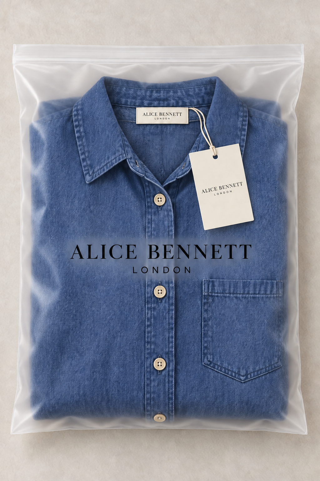 Mandy dark blue button-front denim maxi dress in Alice Bennett London branded packaging