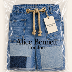 Margaret patchwork drawstring jeans in Alice Bennett London packaging