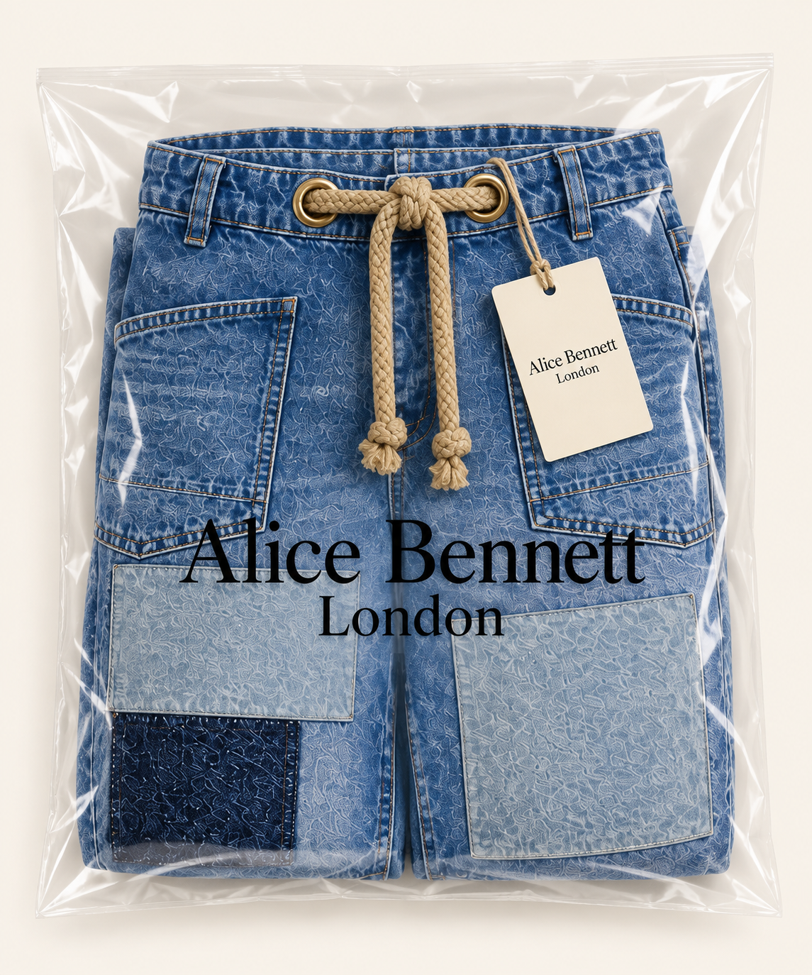 Margaret patchwork drawstring jeans in Alice Bennett London packaging