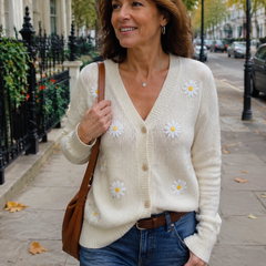 Margovil Daisy Embroidered Cardigan worn by a mature woman in London