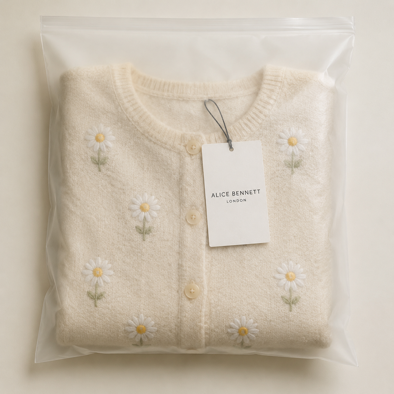 Margovil Daisy Embroidered Cardigan in Alice Bennett London packaging