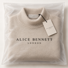 Marilena turtleneck sweater with Alice Bennett London packaging, hangtag and neck label
