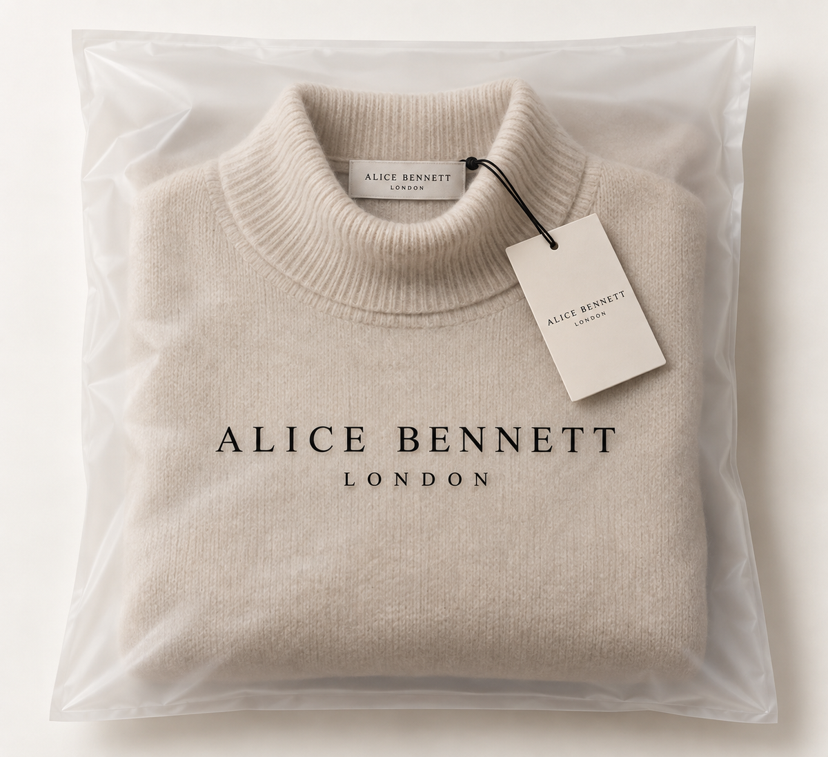 Marilena turtleneck sweater with Alice Bennett London packaging, hangtag and neck label