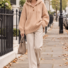 Marlowe Apricot hooded knitted top worn in London