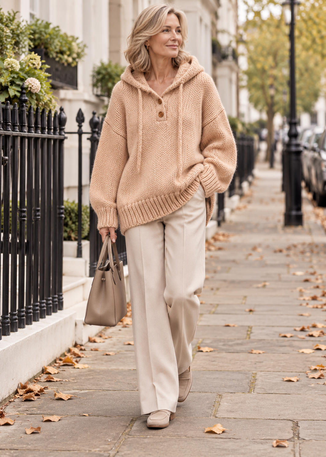 Marlowe Apricot hooded knitted top worn in London