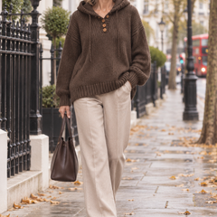 Marlowe Coffee hooded knitted top worn in London