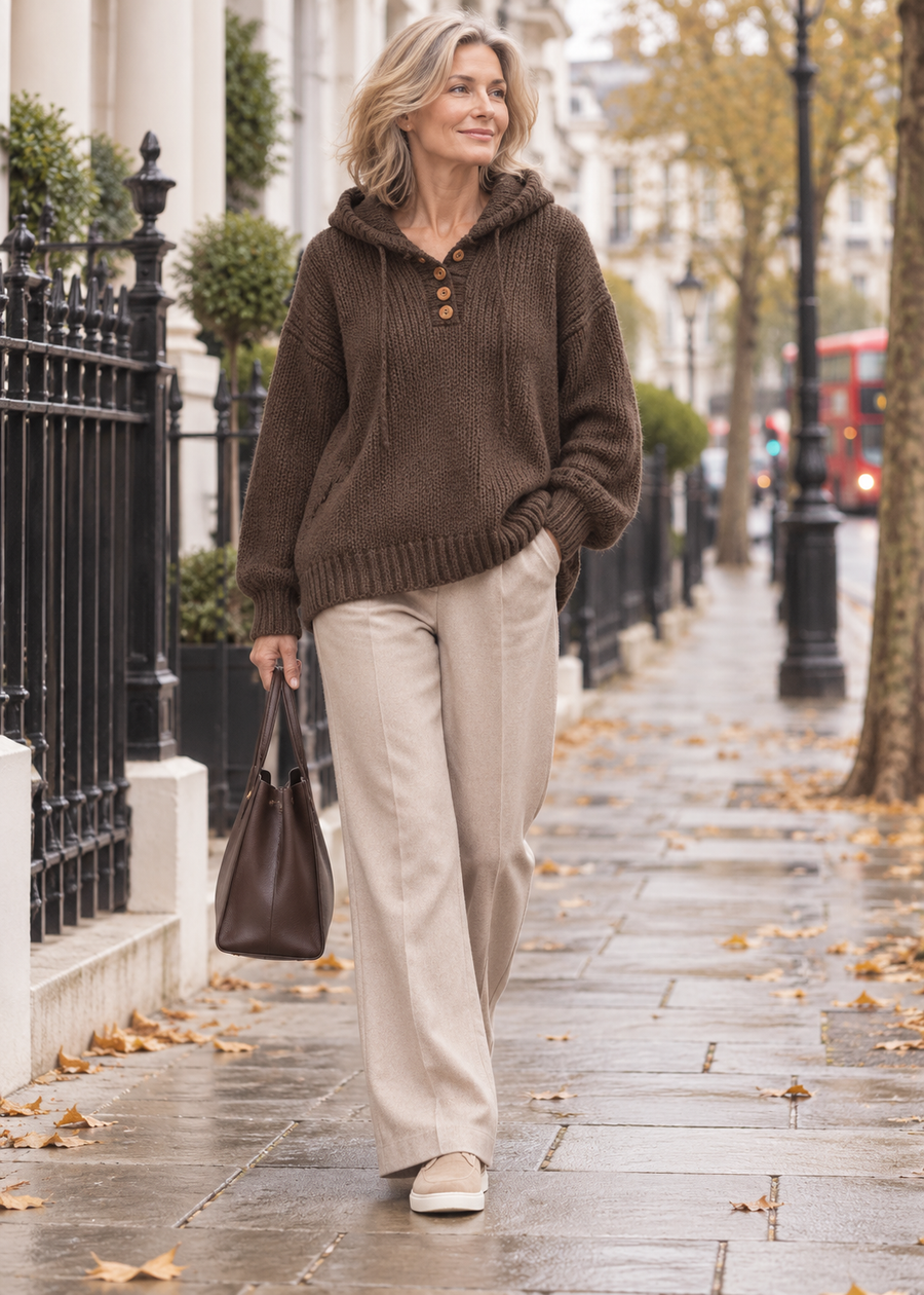Marlowe Coffee hooded knitted top worn in London