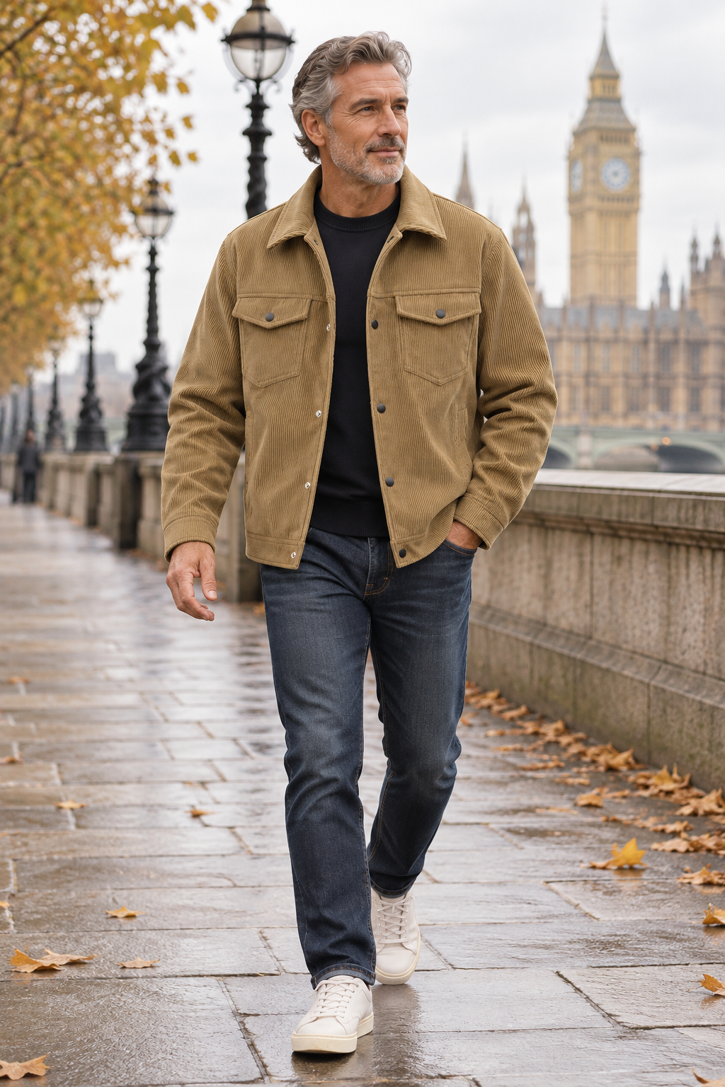Marlowe ribbed jacket worn by a mature man in London