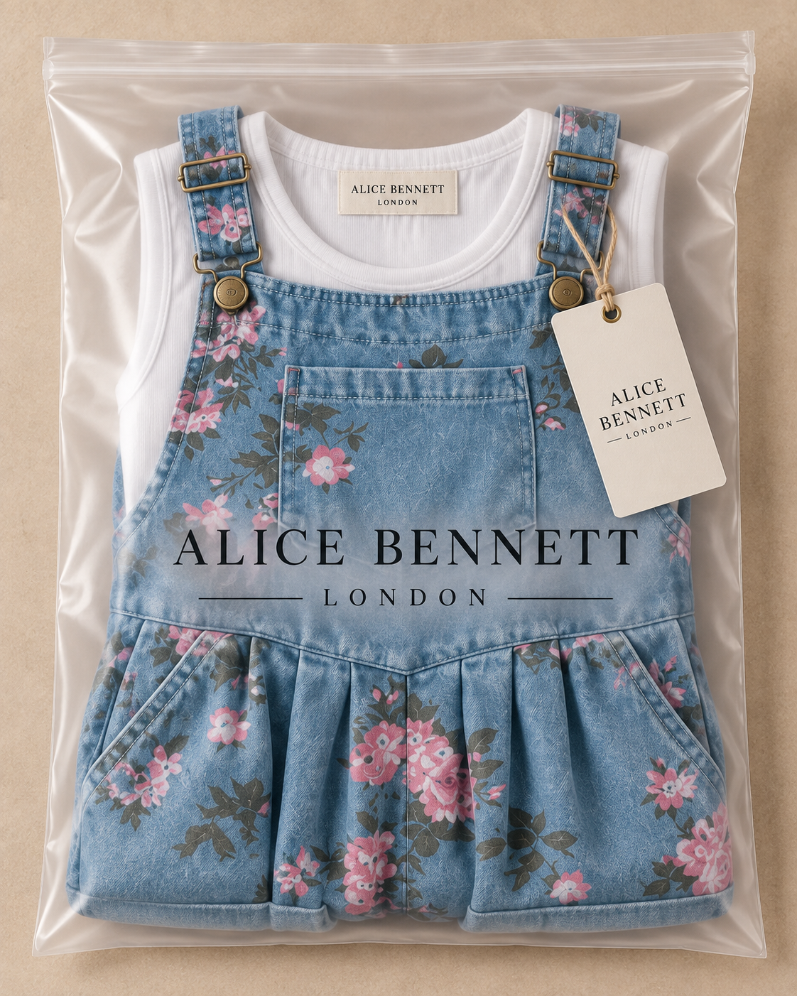 Marvina floral denim short dungarees in Alice Bennett London branded packaging