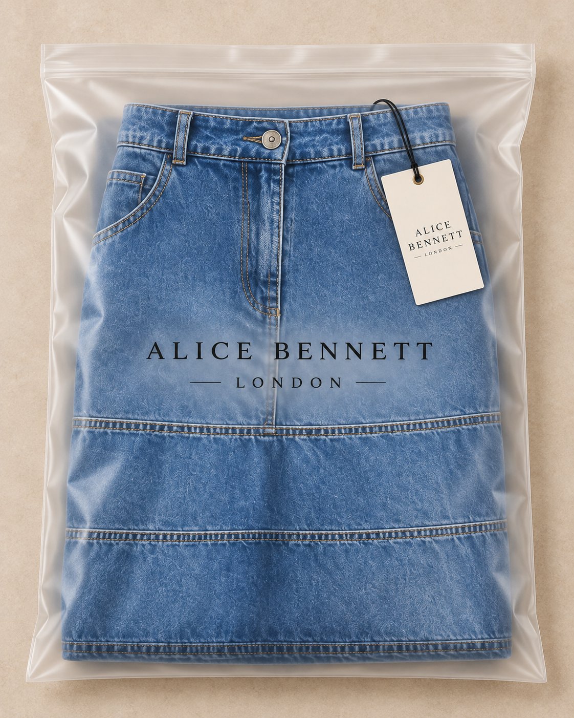 Mary tiered denim maxi skirt in Alice Bennett London branded packaging