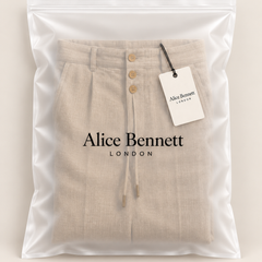 Matteo straight-leg trousers in Alice Bennett London packaging
