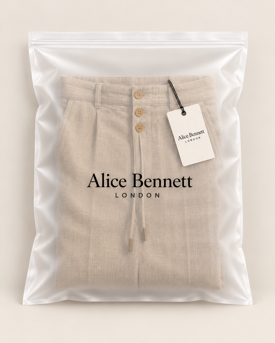 Matteo straight-leg trousers in Alice Bennett London packaging