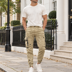 Matthijs cargo trousers worn by a male model in London