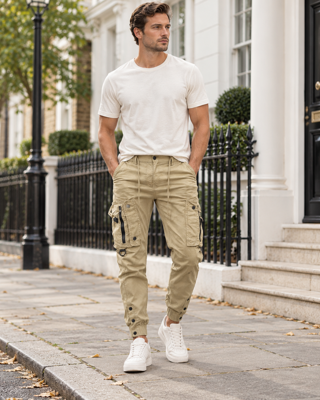 Matthijs cargo trousers worn by a male model in London
