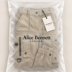Matthijs cargo trousers in Alice Bennett London packaging