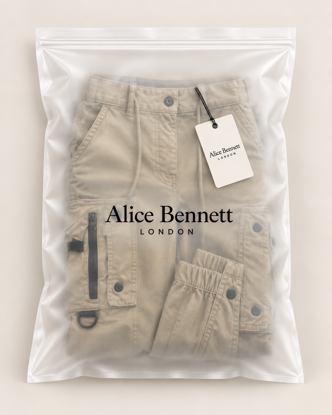 Matthijs cargo trousers in Alice Bennett London packaging