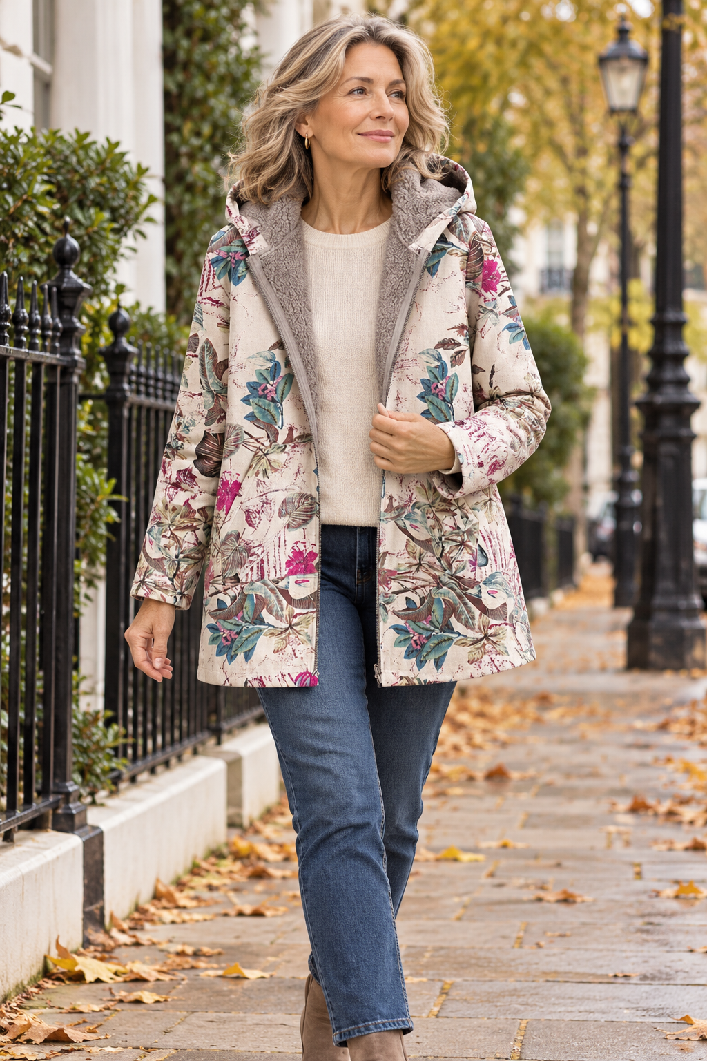 Melvaris floral fleece-lined hooded jacket styled on a woman in London