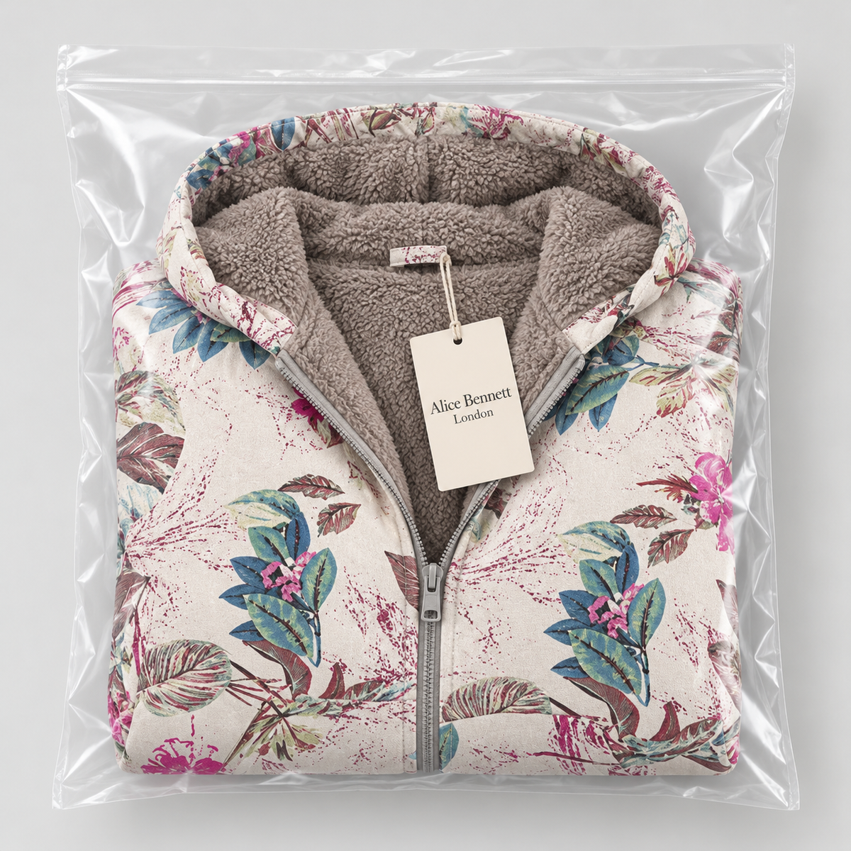 Melvaris floral fleece-lined hooded jacket in Alice Bennett London packaging