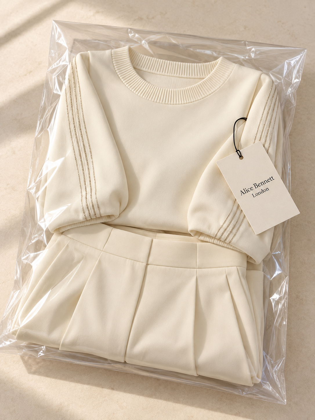 Mera ivory soft-touch trouser set in Alice Bennett London polybag