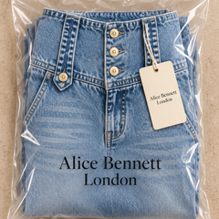 Mia wide-leg jeans in Alice Bennett London branded packaging