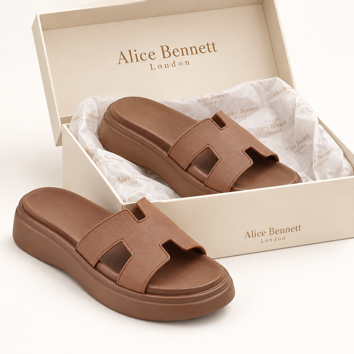 Nadine platform slides with Alice Bennett London shoebox
