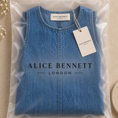 Nancy denim mini dress in Alice Bennett London branded packaging
