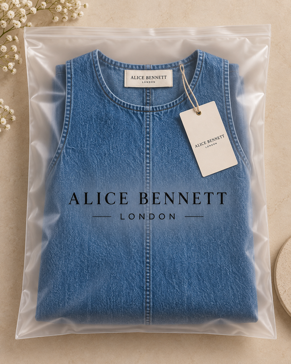Nancy denim mini dress in Alice Bennett London branded packaging