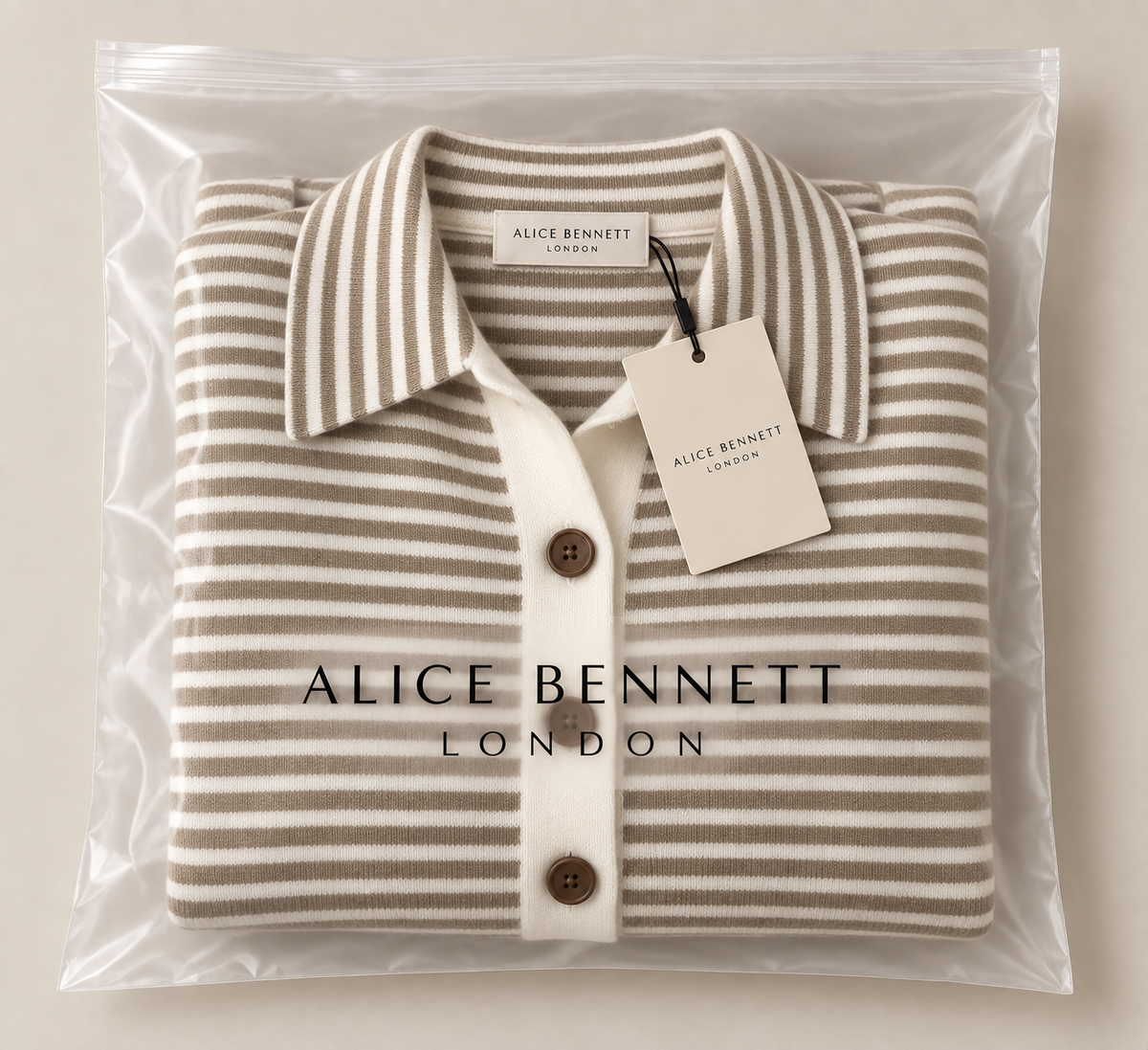 Nola striped cardigan in Alice Bennett London packaging