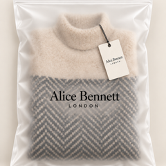 Norah herringbone turtleneck sweater inside an Alice Bennett London polybag