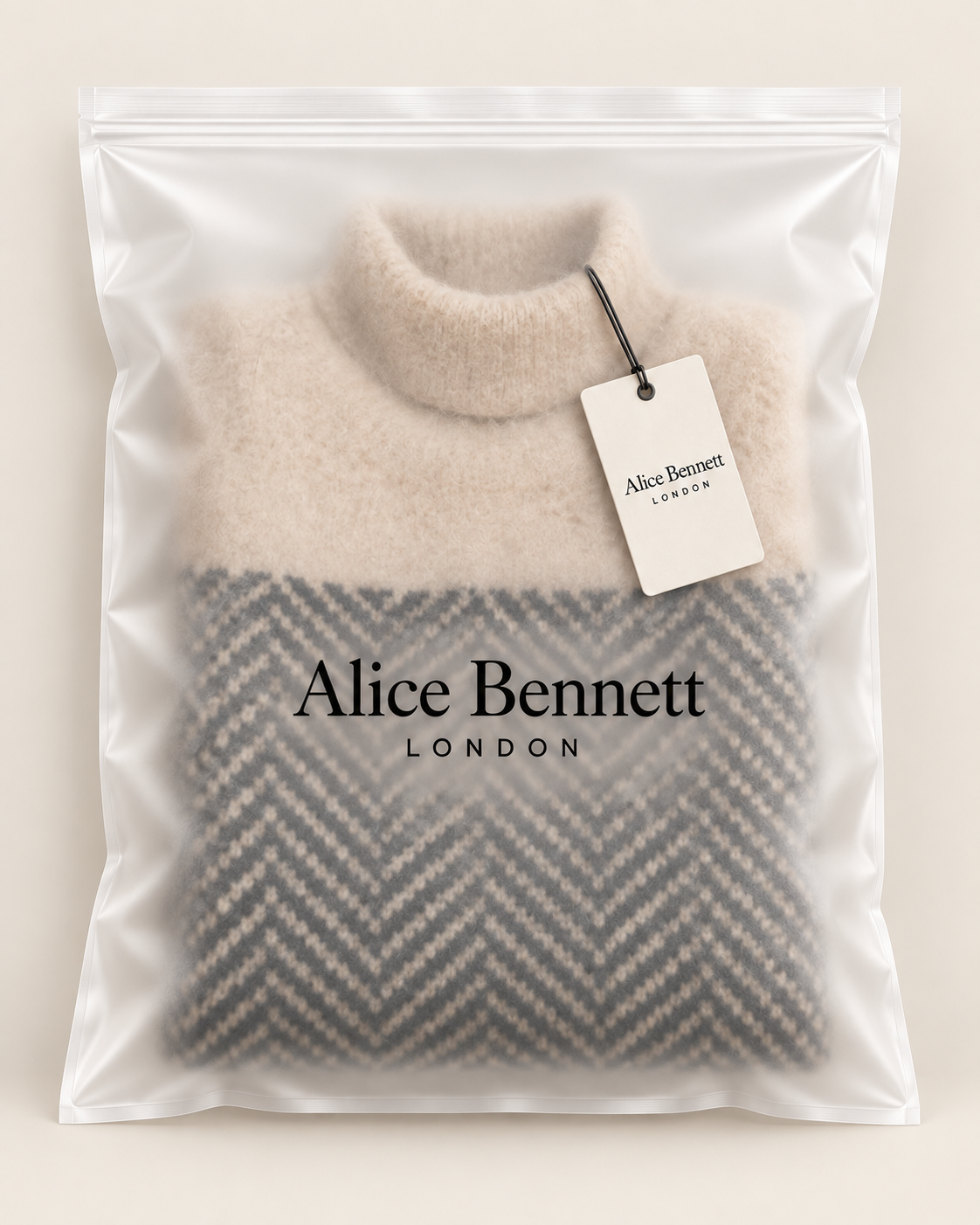 Norah herringbone turtleneck sweater inside an Alice Bennett London polybag