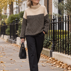 Mature woman wearing the Norah herringbone turtleneck sweater on a London street