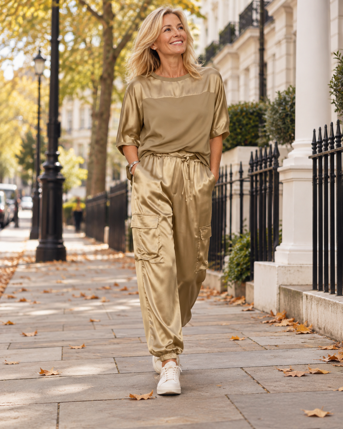 Woman wearing the Nova Gold two-piece cargo set in London