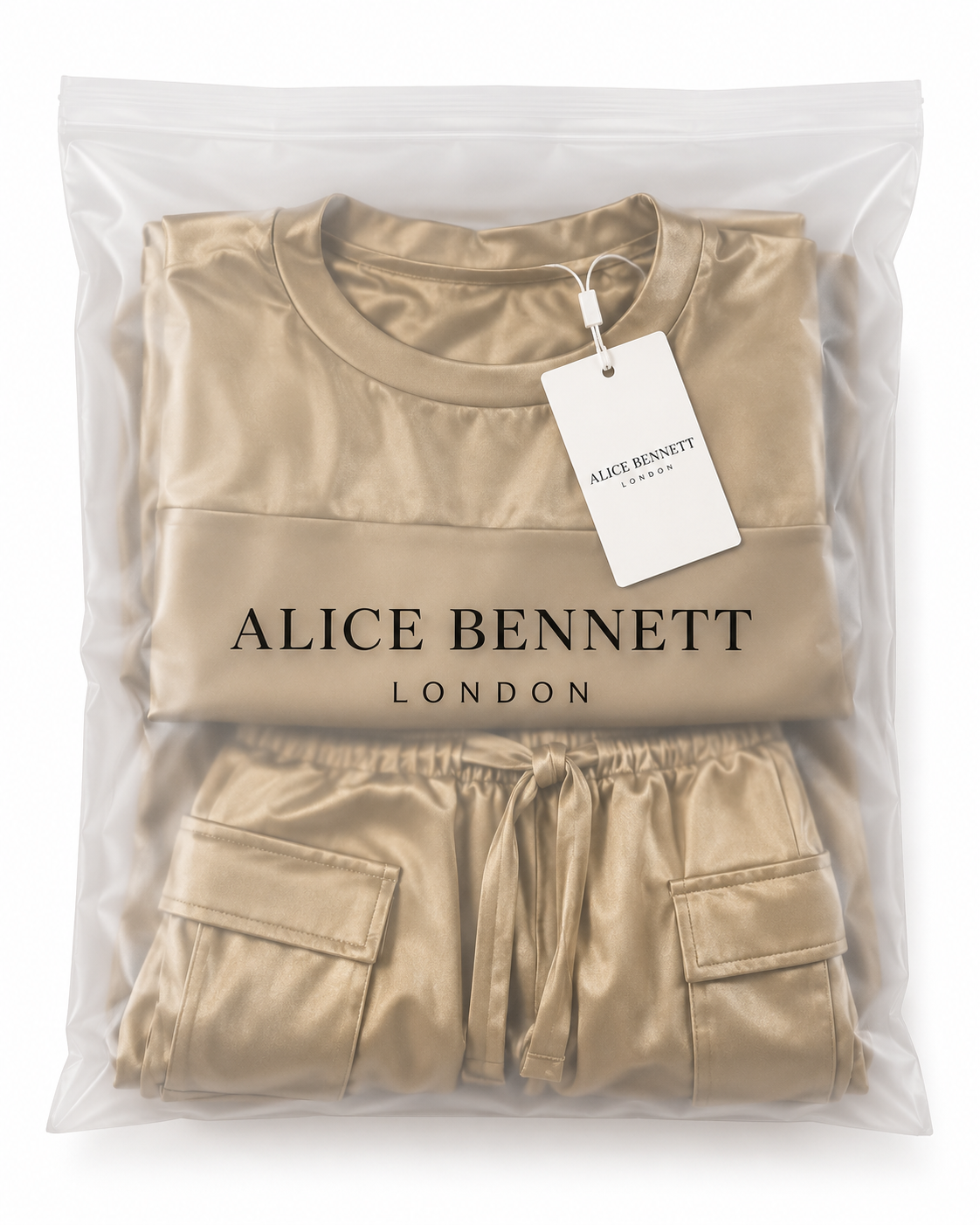 Nova Gold two-piece set in Alice Bennett London polybag with hangtag