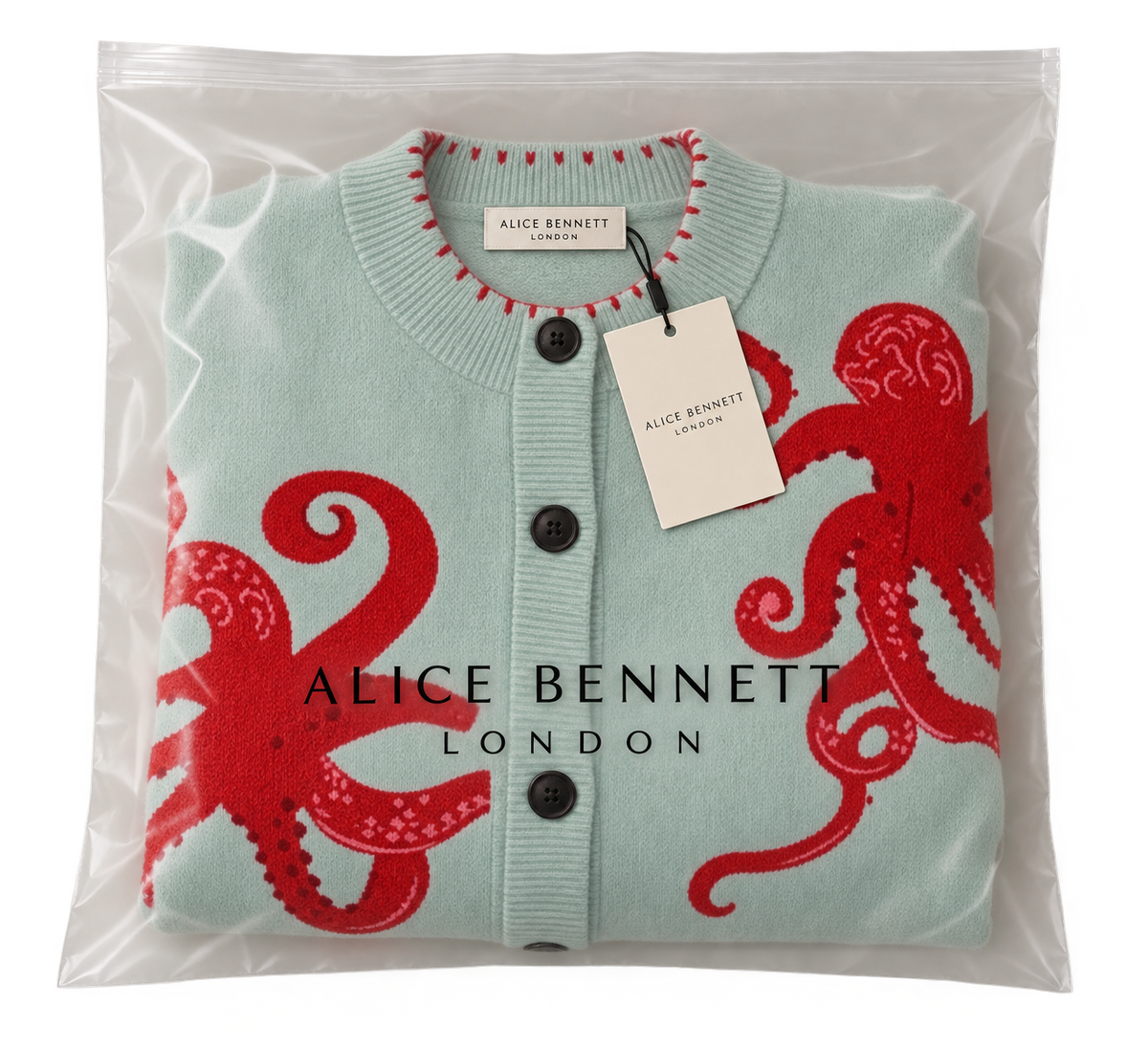 Light blue octopus cardigan in Alice Bennett London packaging