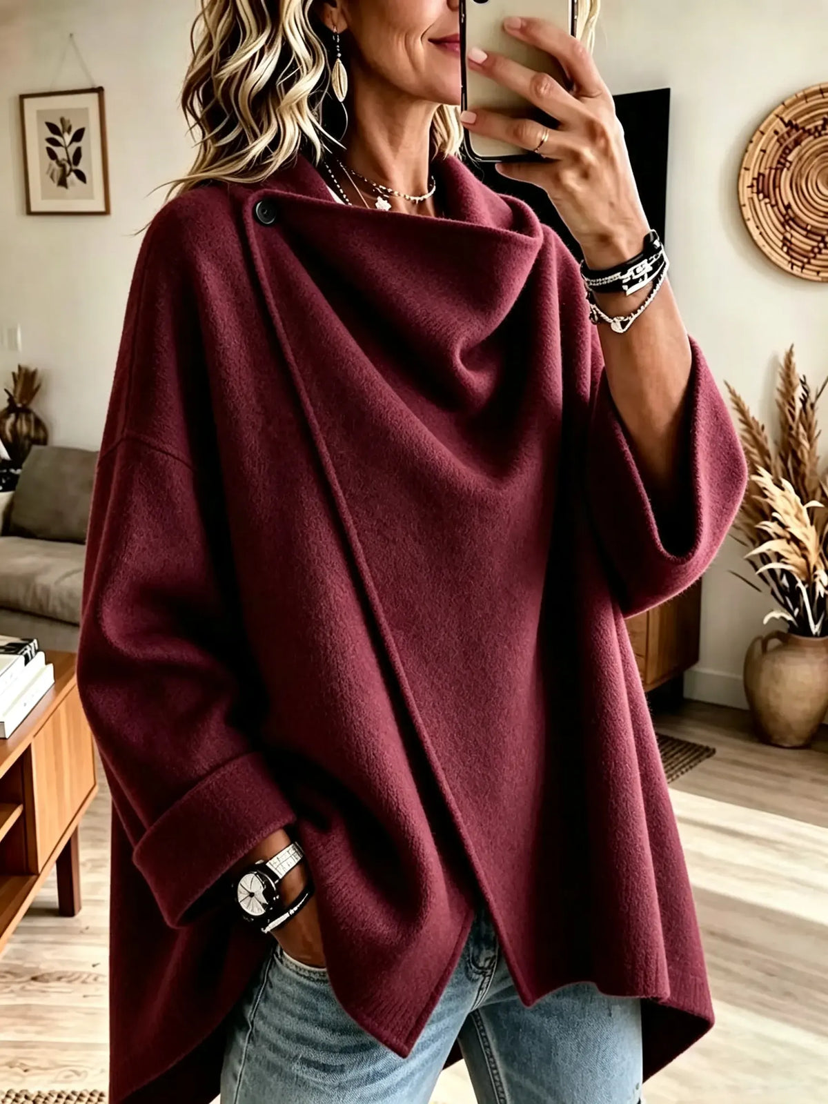 Elowen | Asymmetrical Button-Collar Poncho