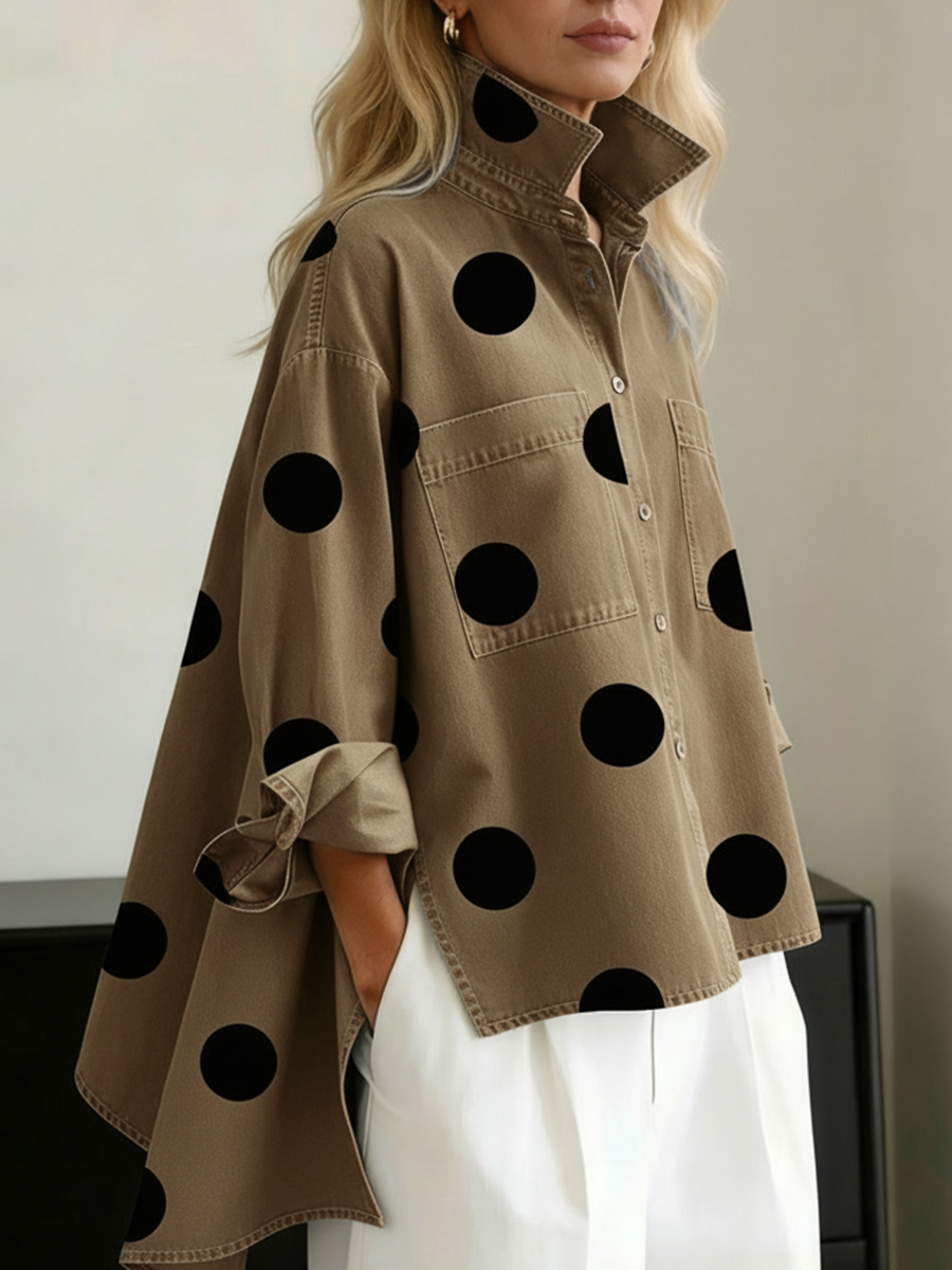 Liora – Polka-Dot Print Stand-Collar Denim Top