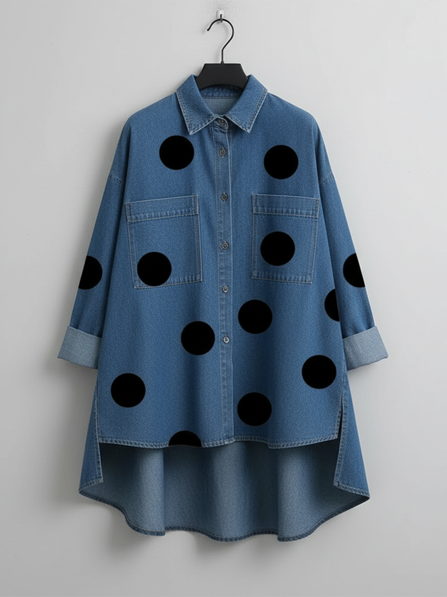 Liora – Polka-Dot Print Stand-Collar Denim Top