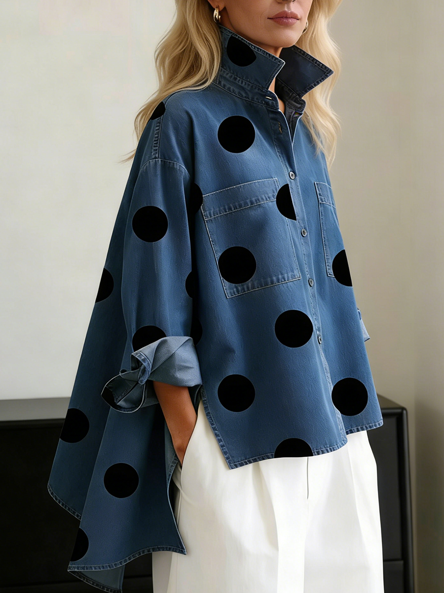 Liora – Polka-Dot Print Stand-Collar Denim Top