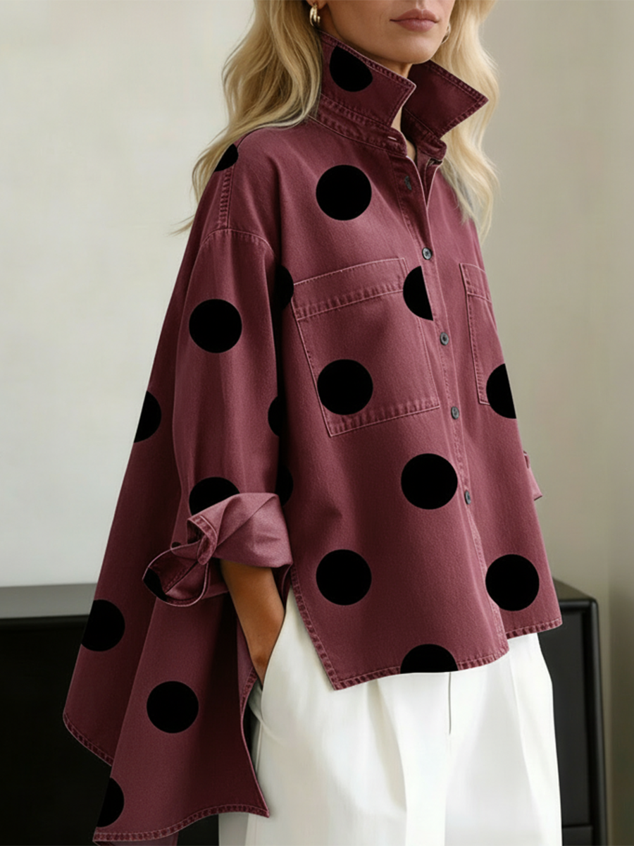Liora – Polka-Dot Print Stand-Collar Denim Top