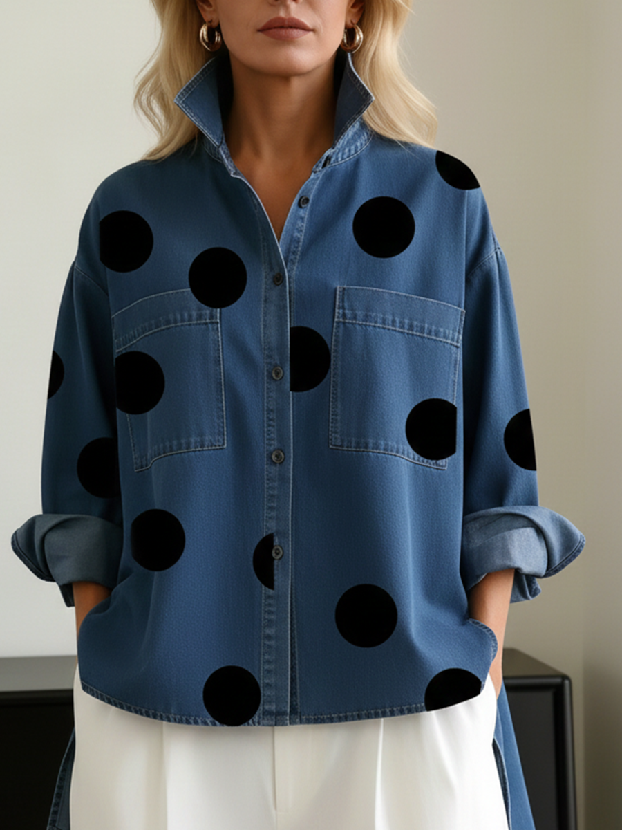 Liora – Polka-Dot Print Stand-Collar Denim Top