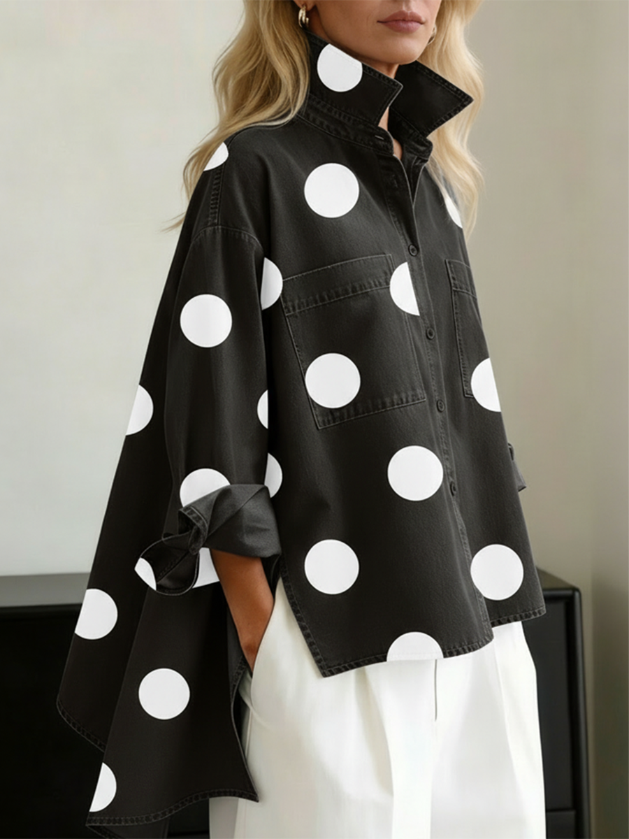 Liora – Polka-Dot Print Stand-Collar Denim Top