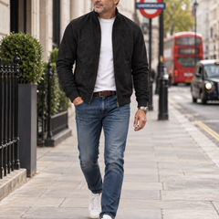 Man wearing the Paedon soft-touch bomber jacket while walking in London