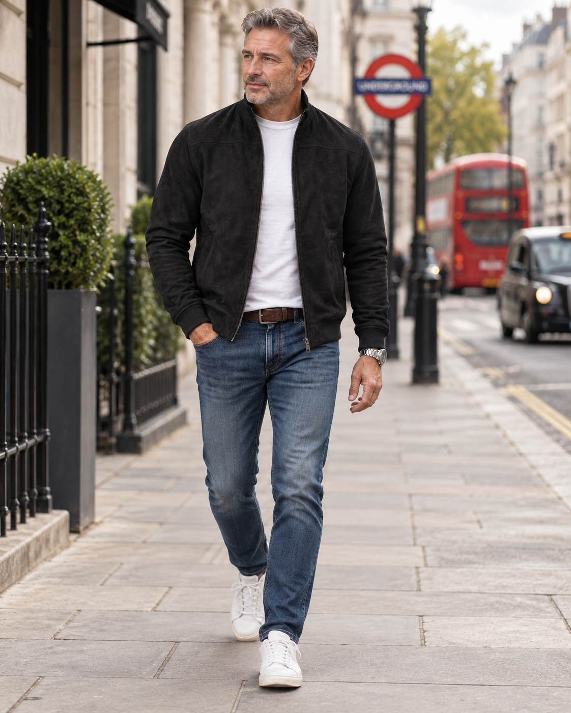 Man wearing the Paedon soft-touch bomber jacket while walking in London